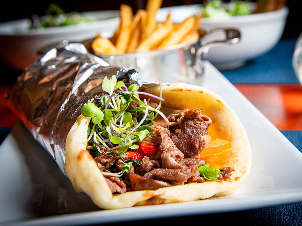 gustards bistro beef pita wrap with micro greens