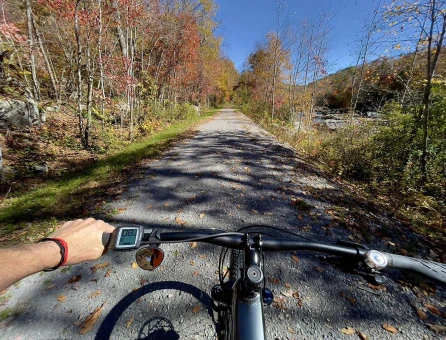 A cyclist's view along the Meadow River Rail Traill, surrounded by vibrant fall colors under a clear blue sky.