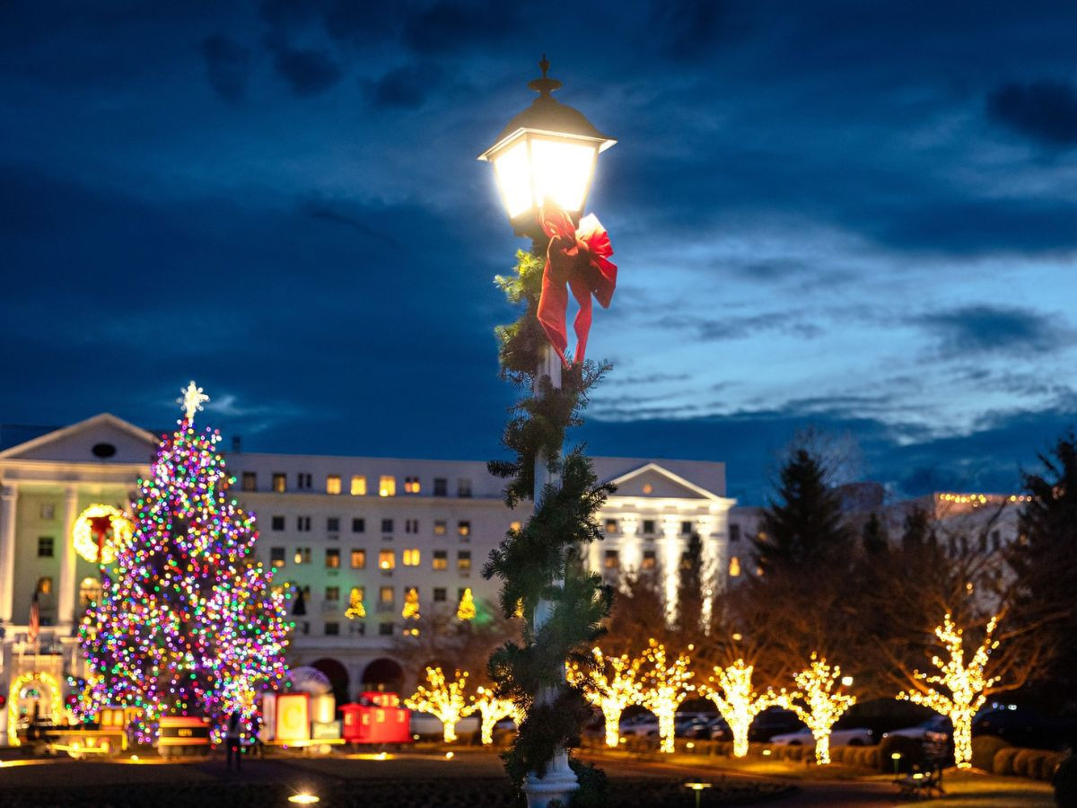 holiday lights on the lawn of the greenbrier resort