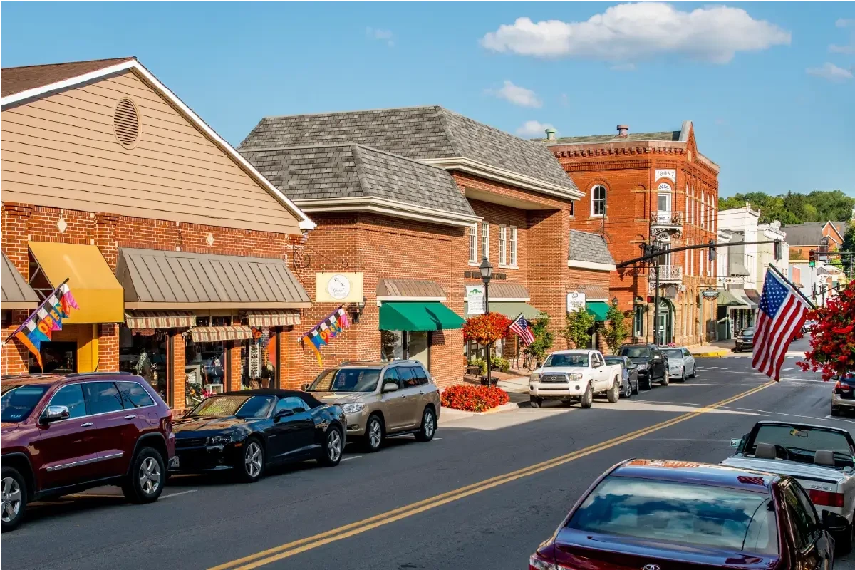 A view of Yarid's shoe store and the Greenbrier Valley Visitors Center in Lewisburg, West Virginia.